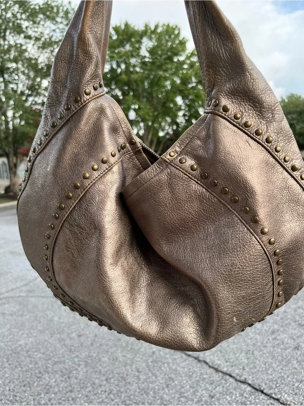 Kooba Genuine Leather Metallic Bronze Hobo Bag - Studded Design